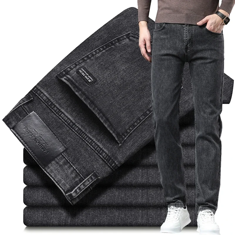 2024 Elastic Brand Autumn and Winter Thick Baggy  Denim Black Grey Colors Business Washed Jeans Model  Y2k Clothes Men