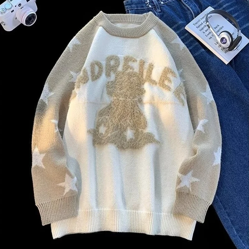 

Winter Cartoon Dinosaur Jacquard Knitwear For Man Aesthetic Y2K Streetwear Knitted Sweaters Letter Printed Christmas Pullovers