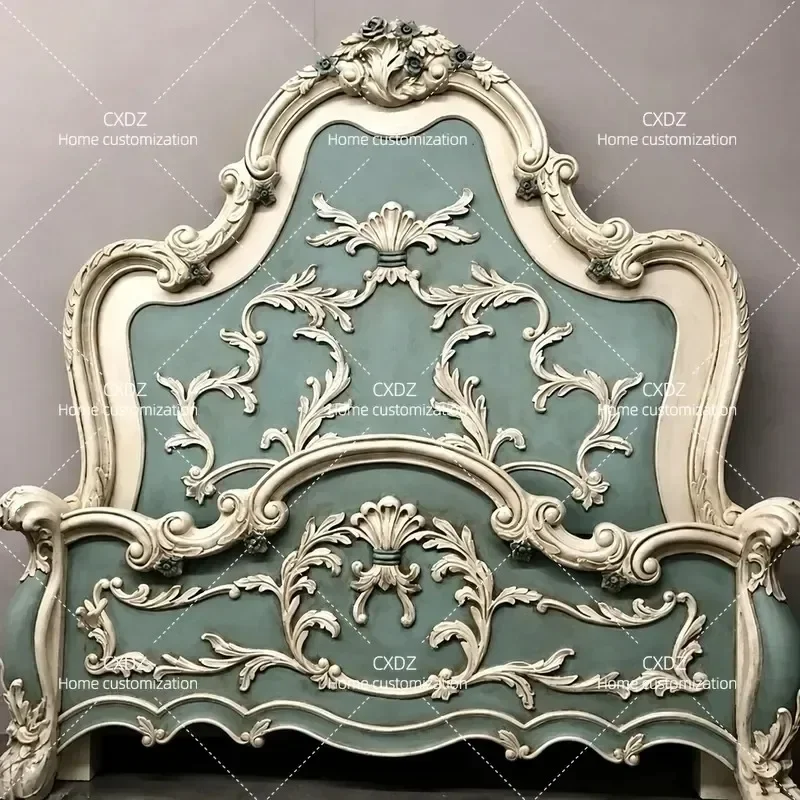 French Retro Solid Wood Double Bed Antique Green Carved Princess Bed for Master Bedroom