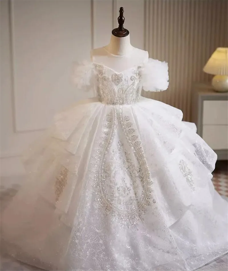 Weiße Blume Mädchen Kleider für Hochzeit Korsett zurück von der Schulter Prinzessin Kind Erstkommunion Kleid Kind Größe 1-14t