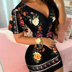 Verão elegante floral impressão bodycon mini vestido feminino 2024 moda sexy profundo decote em v pacote hip dresess escritório senhora vestido de festa 12 principais vendas vestidos curto festa tubinho - №5