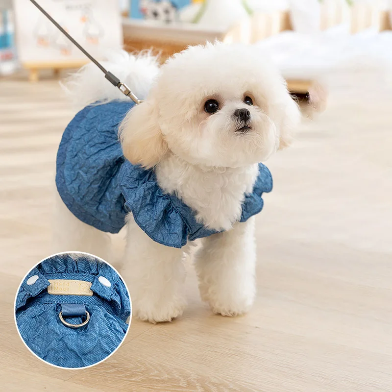 Denim Dog Dresses for Small Dogs Puppy Girl Clothes with Leash Ring Flying Sleeves Summer Cat Apparel Blue Chihuahua Outfits