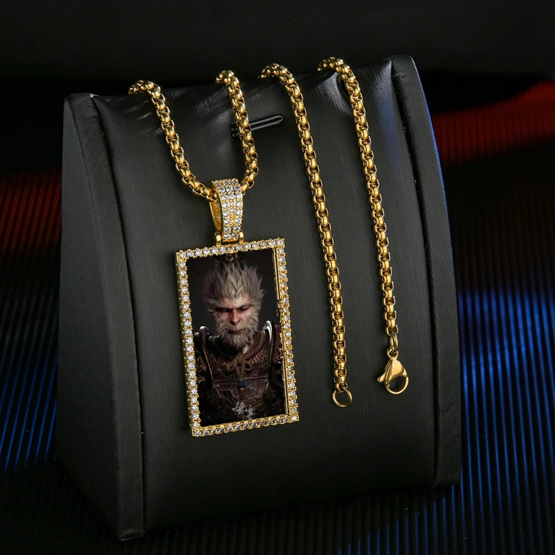 Black Myth Wukong Personalized Customize Photo Square Oval With Zircon Pendant Necklace Rope Chain Jewelry Women Girl Gift