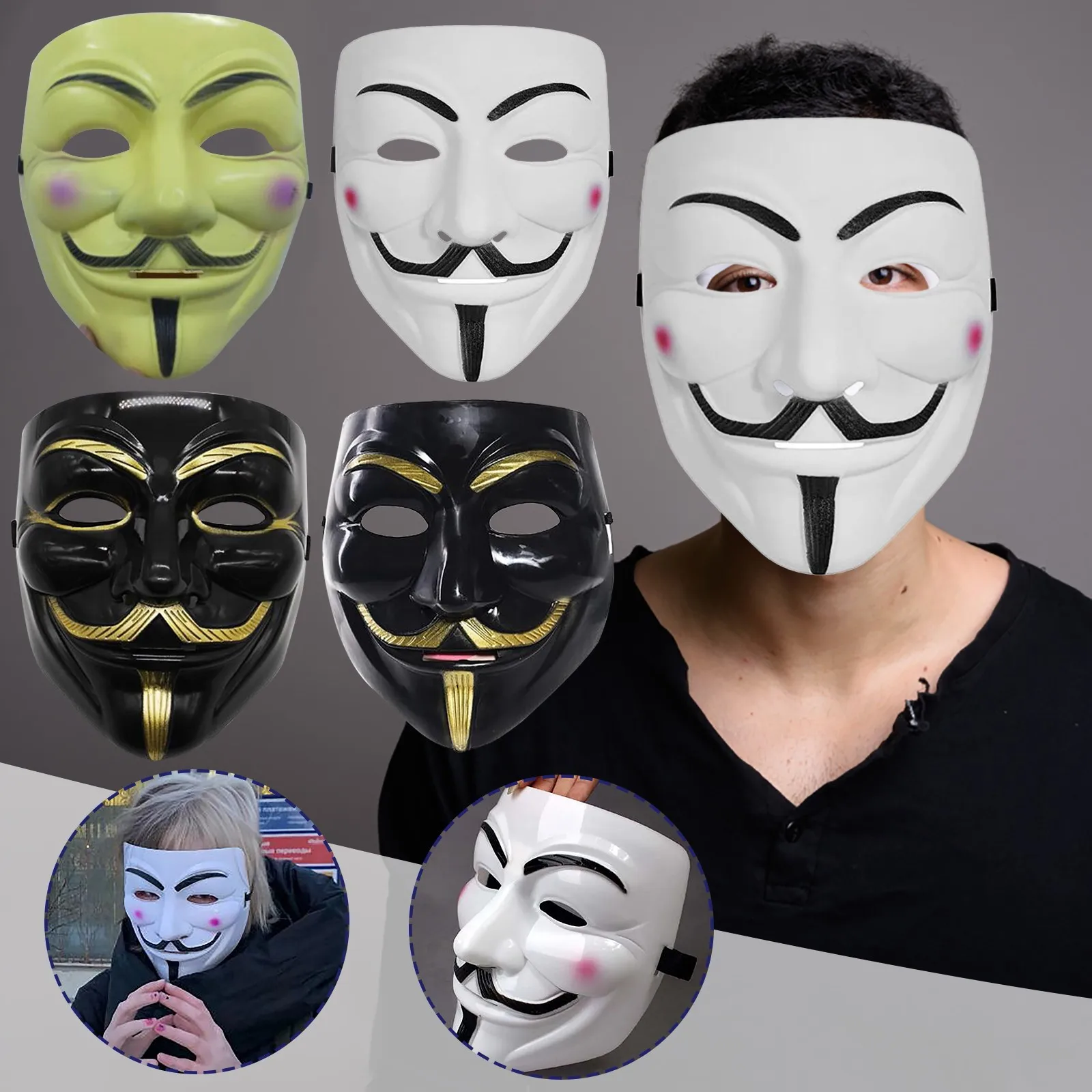 V Face for Mask Black White Vendetta Hackers Halloween Carnival Cosplay Party Adult Diy Anime Killer Anonymous Headwear Men