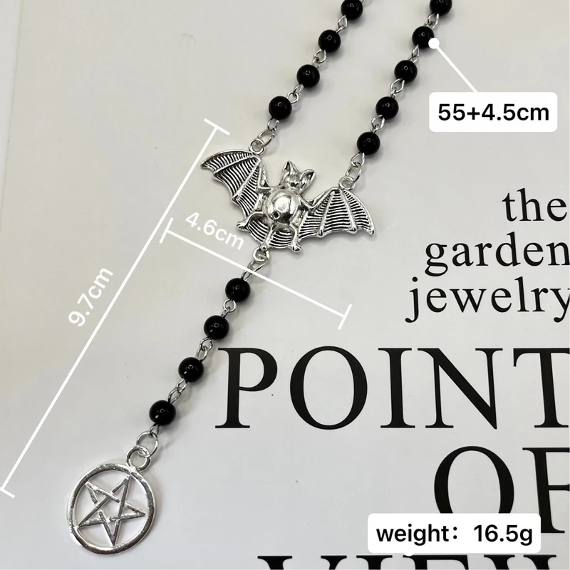 Dark Style Artificial Pearl Bead Long Sweater Chain Vintage Bat and Pentacle Pendant Necklace for Women or Men