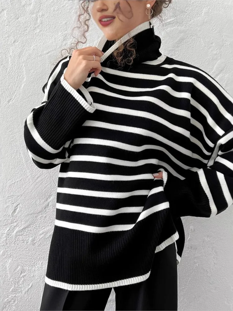 

Turtleneck Striped Split Sweater Autumn And Winter New Pullover Knitwear Lazy Versatile Loose Long-sleeved Sweater Women