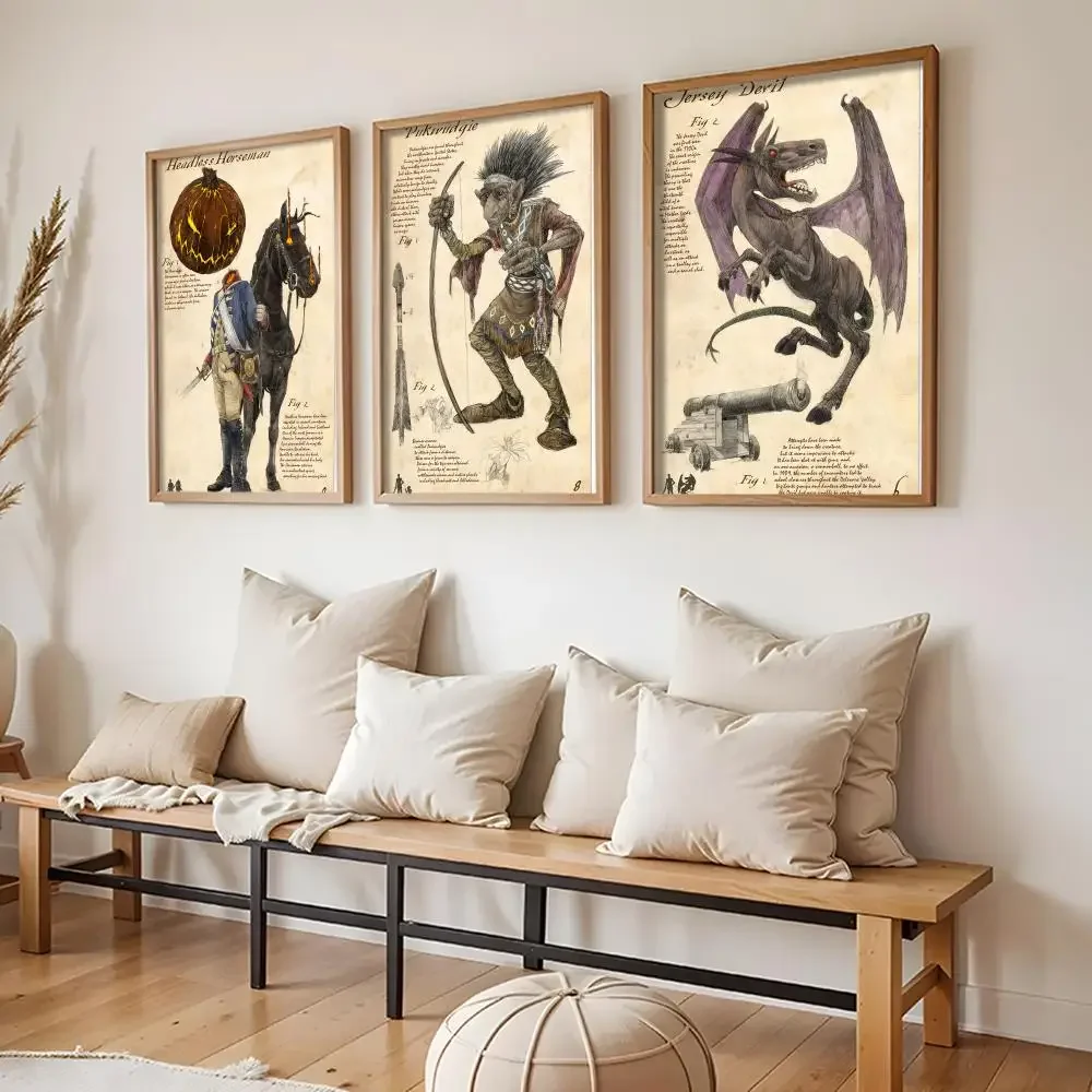 Cryptids Folklore Cthulhu Mothman Krampus Headless Horseman Poster Sticker For Living Room Home Decor Mural Painting Decoration