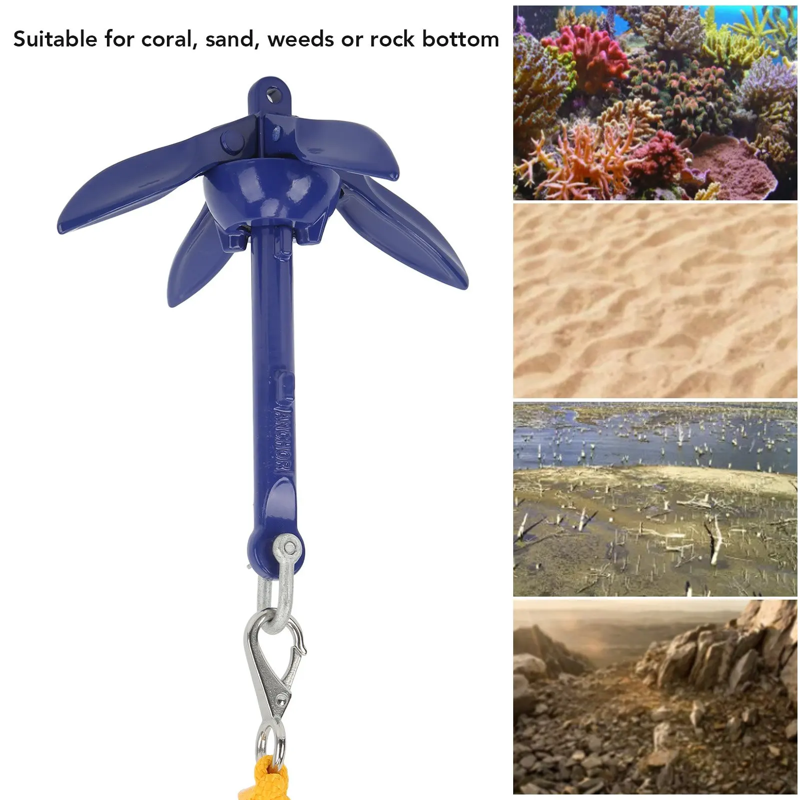 Marine Anchor Blue Aluminium Foldable Boat Kayak Anchor with Yellow Rope for Fishermen view 4