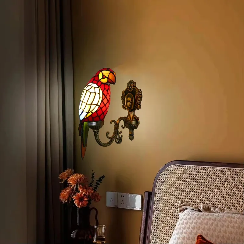 Vintage Iron Wall Lamp Parrot Stained Glass E26 Base Light Emitting Diode Light