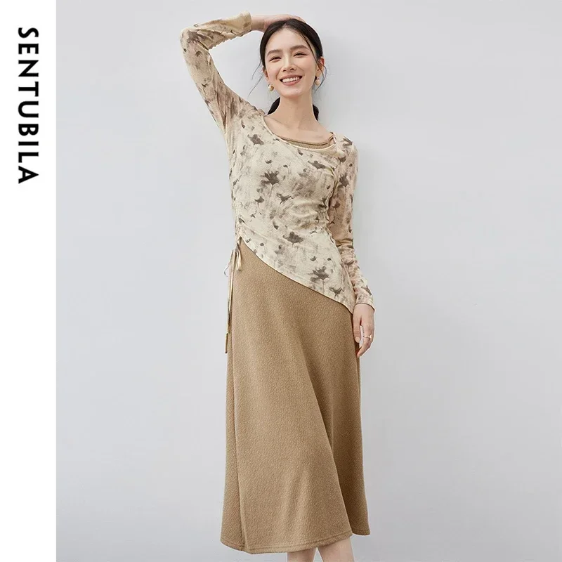 

SENTUBILA 2 Piece Dress Sets Women 2025 Spring Slip Midi Dress Printed Shirring Long Sleeve Tshirt New in Matching Set W43Z57045