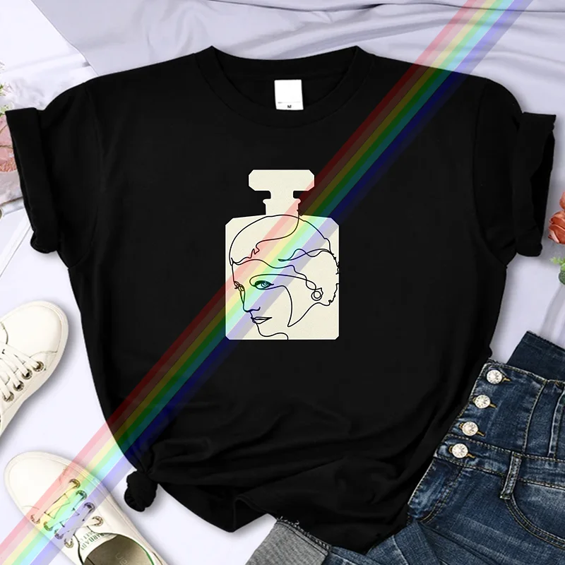 T-shirt imprimé de parfum de marque de luxe pour femme, manches de personnalité Y2k, col rond, haute qualité, été, décontracté, 100% coton