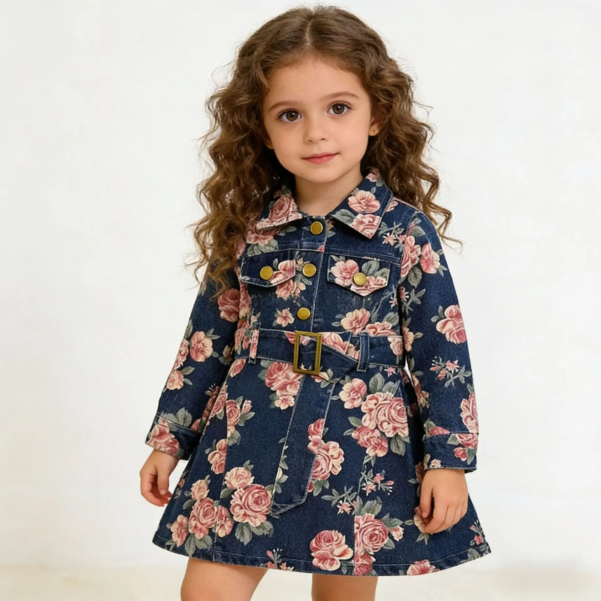 Girls Dress 2026 Spring New Korean Style Printed Denim Long Sleeved Lapel Fashionable Princess Dress Fashionable Temperament
