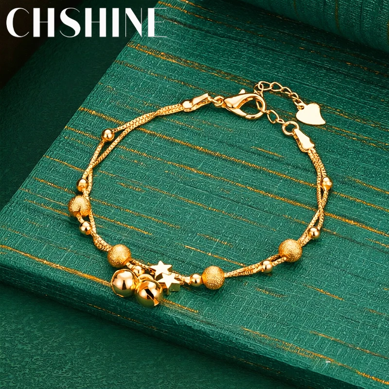 925 Sterling Silver 18K Gold Double Strand Bracelet Bell Star Matte Bead Charms Women Wedding Party Sweet Fashion Jewelry Gift