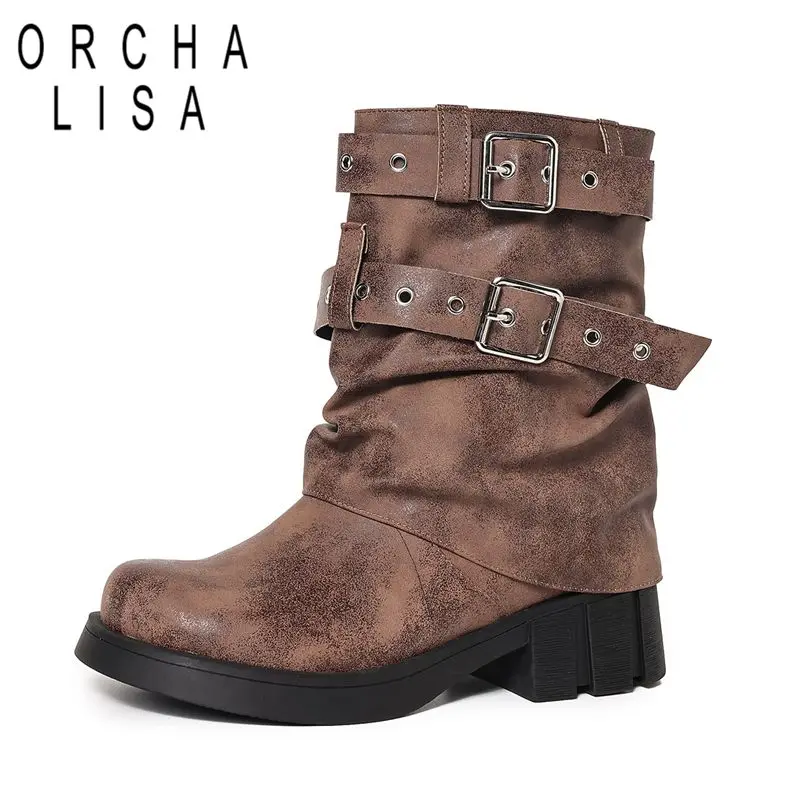 

ORCHA LISA Горячие сапоги в стиле вестерн для отдыха с круглым носком, 4,5 см, блочные каблуки, слипоны с пряжками на ремне, большой размер 41 42 43 Cowgirl до середины икры, осень