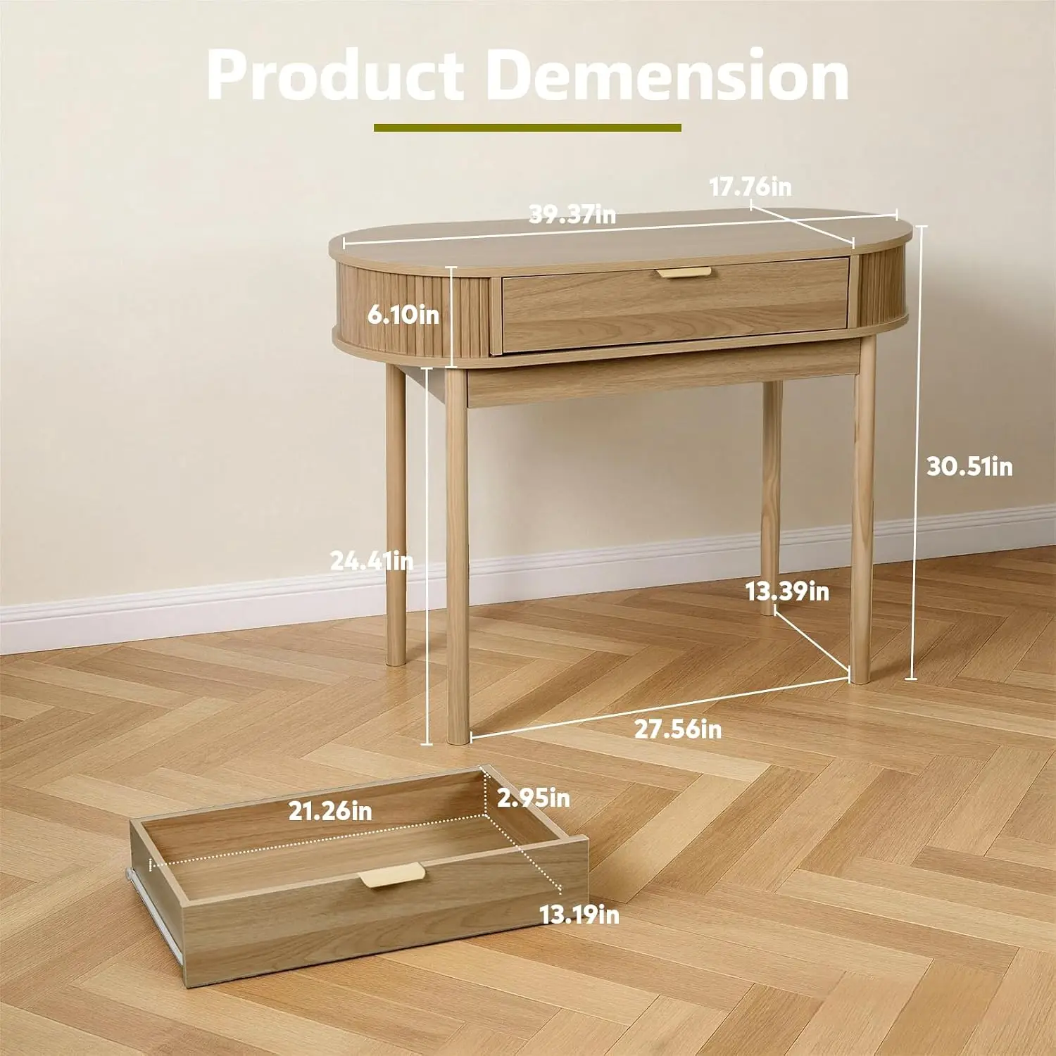Fluted Computer Desk With Drawer, 40 Inch Mid-Century Modern Writing Desk With Solid Wood Legs, Compact Study Tablet, Customized