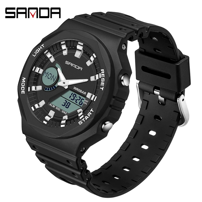 SANDA Men Sports Watch Chronograph Running Second Luminous LED Display Quartz Watches Mens Waterproof Relogio Masculino 6016