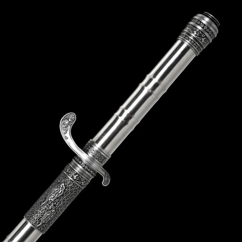 Chinese Tang Staff Sword High Manganese Steel Blade with Engraved Metal Sheath Xiangyun Four-Edged Spear Katana Home Decor