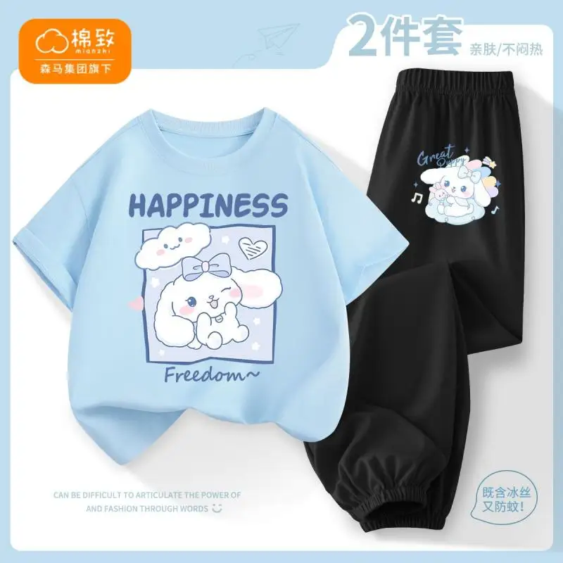 Anime Sanrioed Cinnamoroll Kids Short Sleeve Suit Summer Boys Girls Cotton Tops Cartoon T-Shirt Casual Pant Summer Kids Clothes