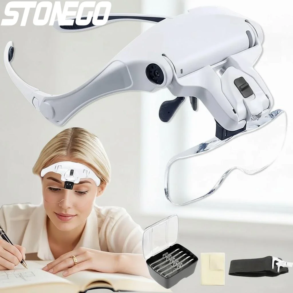 LED Head-Mounted Magnifier with 5 Interchangeable Lenses 1X to 35X Adjustable Headband Magnifying Glass for Comfortable Use