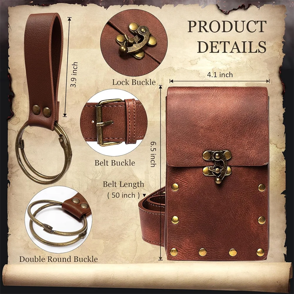 Brown Belt Pouch Waist Bag Fanny Pack Steampunk Phone Holder Medieval Bag Leather Belt Renaissance Cosplay Costume Accessories