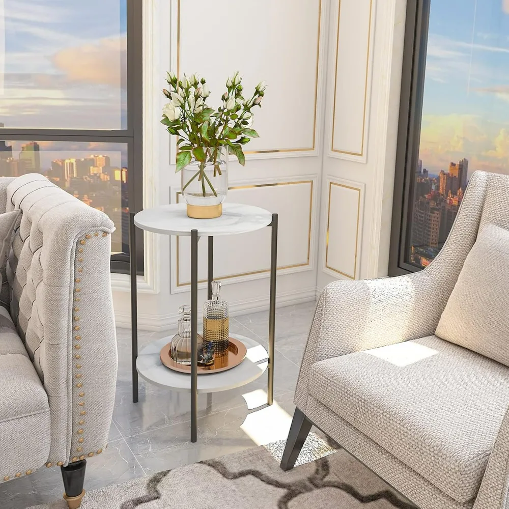 

Round End Side Table: 2 Tier Marble Nightstand Sintered Stone Toptable with Black Iron Frame for Living Room Bedroom