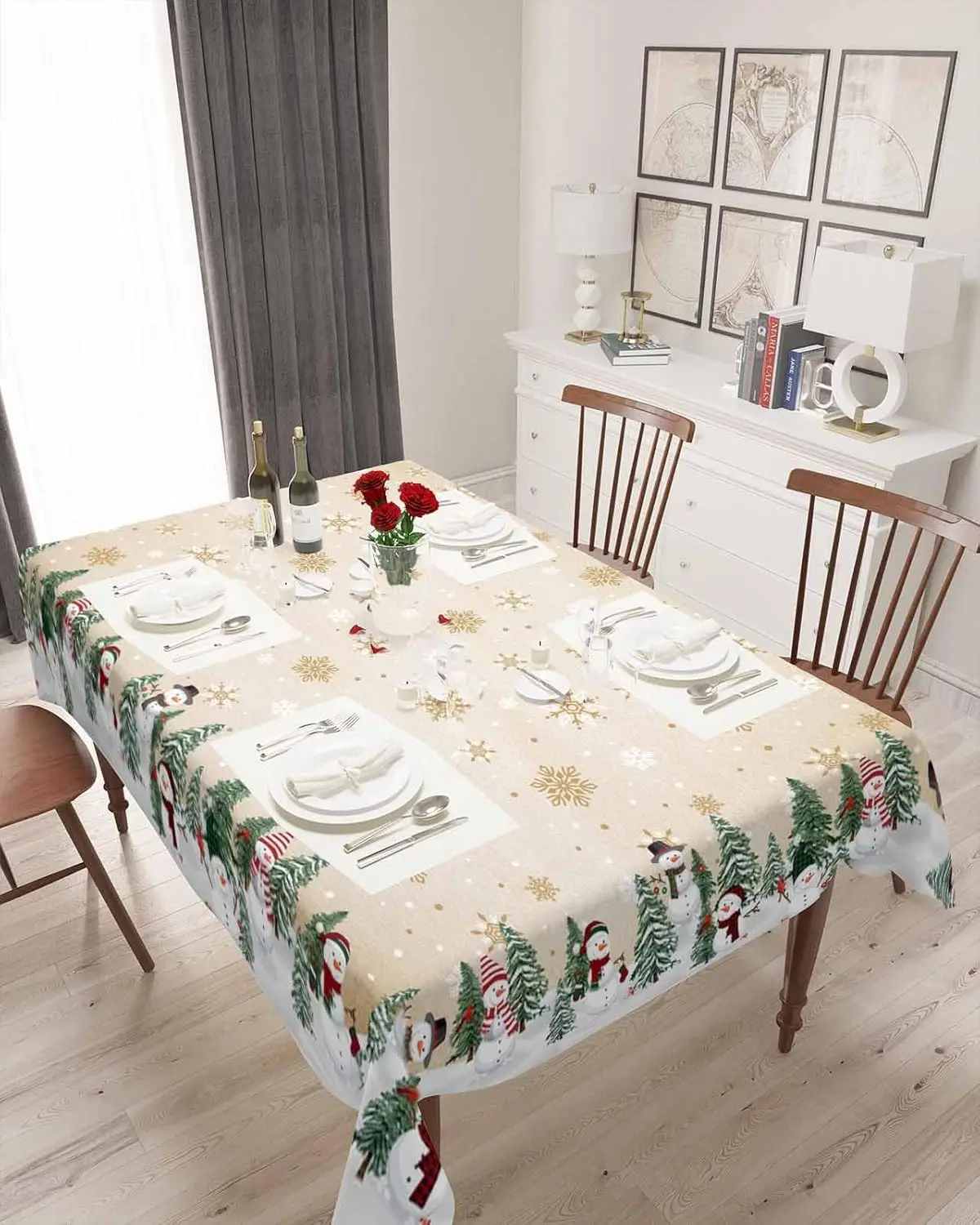Merry Christmas Snowman Tablecloths for Table Decor Winter Xmas Trees Snowflakes Kitchen Dining Table Cloth Navidad Decorations