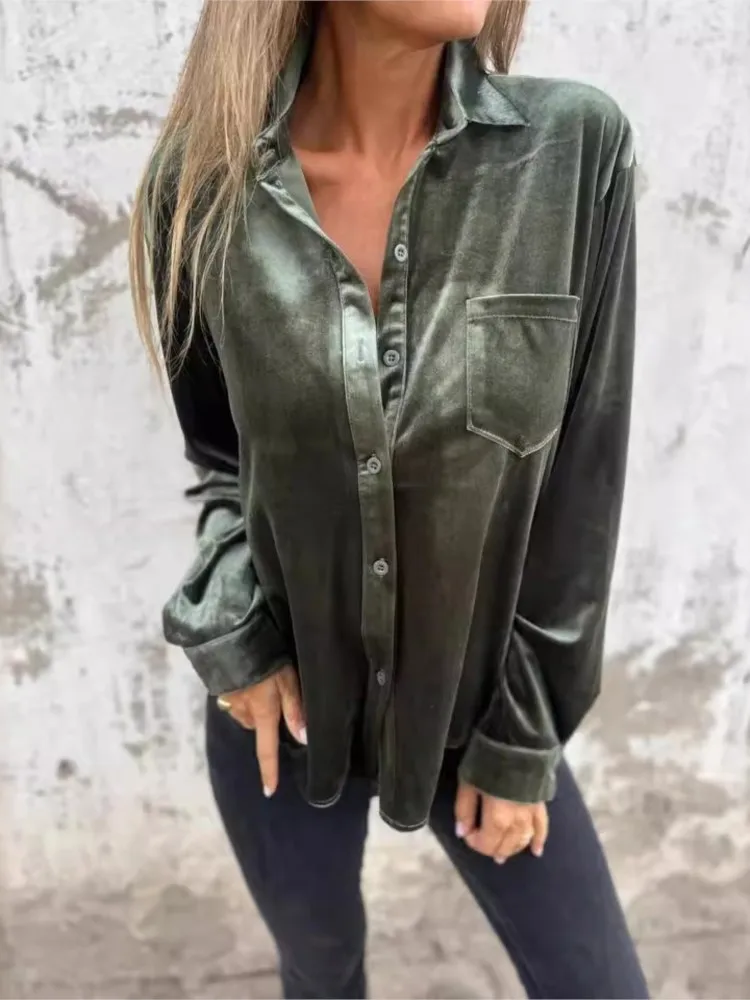 Autumn Gold Velvet Shirt For Women 2024 Long Sleeve Button Blouse And Top Loose Fashion Solid Color Bottoming Shirt Female