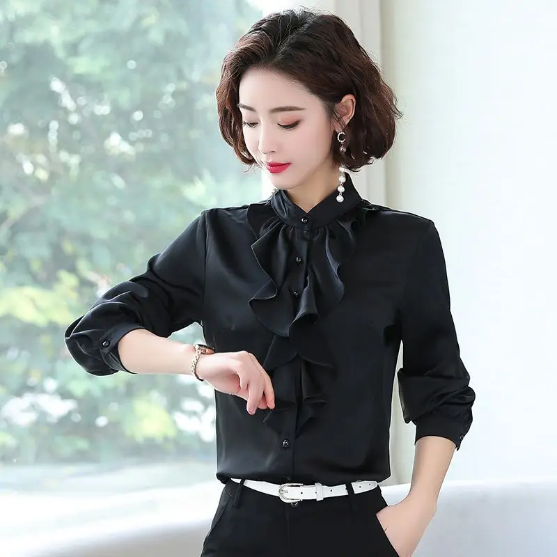 Solid Color Bow Tie Long Sleeved Quality Shirt for Women Spring Autumn New Simulated Silk Western Style Temperament Elegant Top