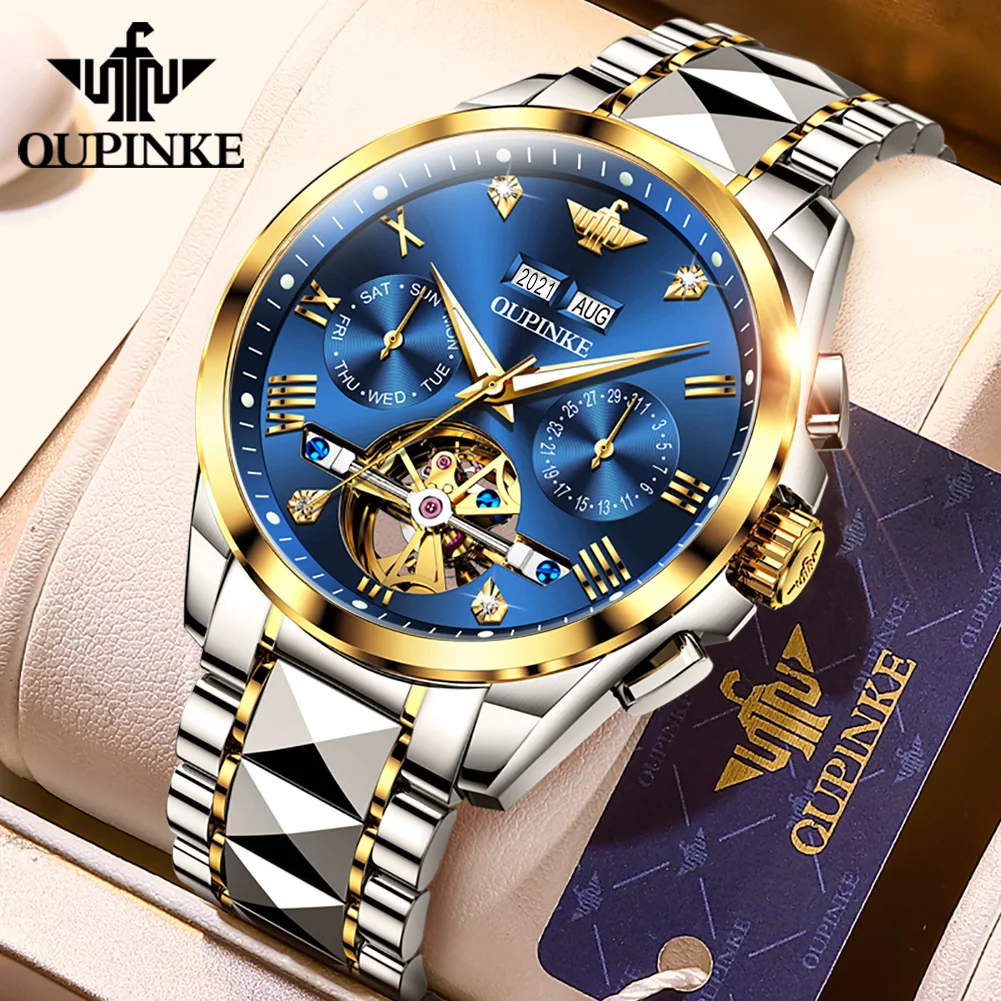 

OUPINKE 3186 Mens Watch Tungsten Steel Original Gold Automatic Mechanical Watch﻿ Waterproof Luminous Watches For Man Free Gift
