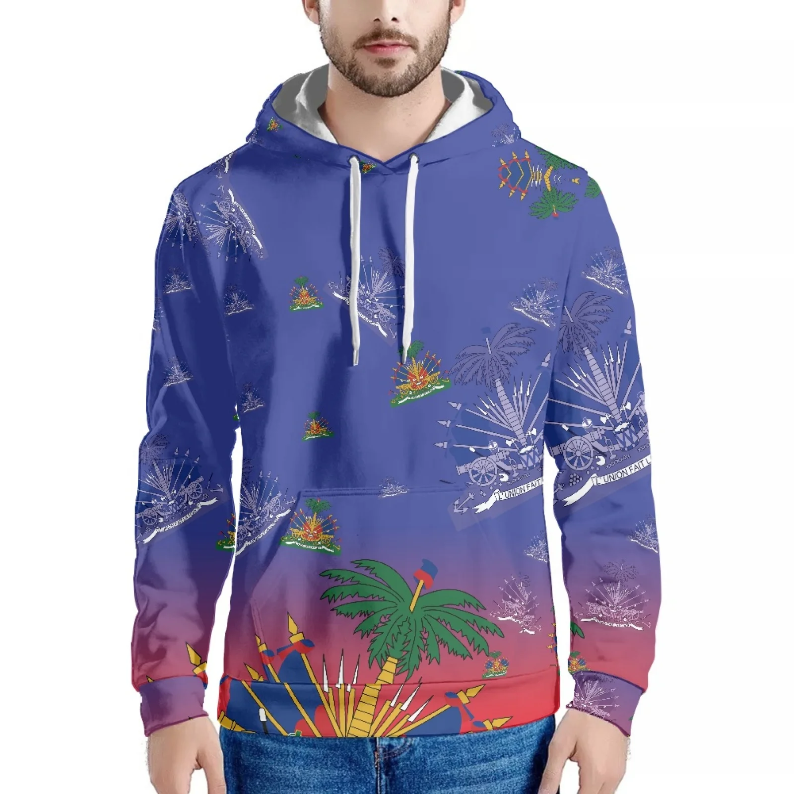 Casual Men's Tracksuit With Fleece Pattern Pullover Hoodie Polynesian Haitian Print Long Sleeve Fashion Loose Fall/Winter Hoodie