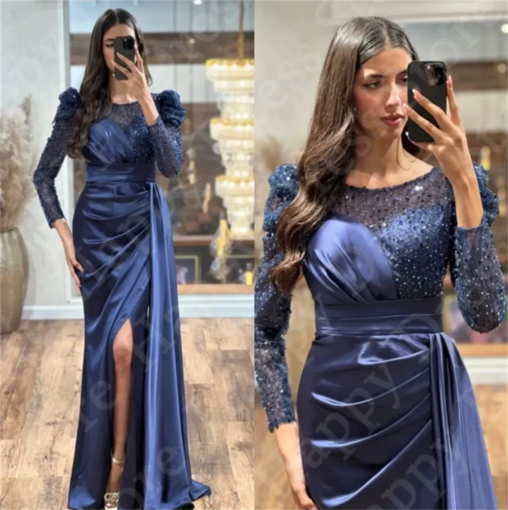 Formal Evening Dress O-Neck Long Sleeves Sequin Prom Party Dress Custom Satin Slim Mermaid Side Split Arab Women Reception Dress