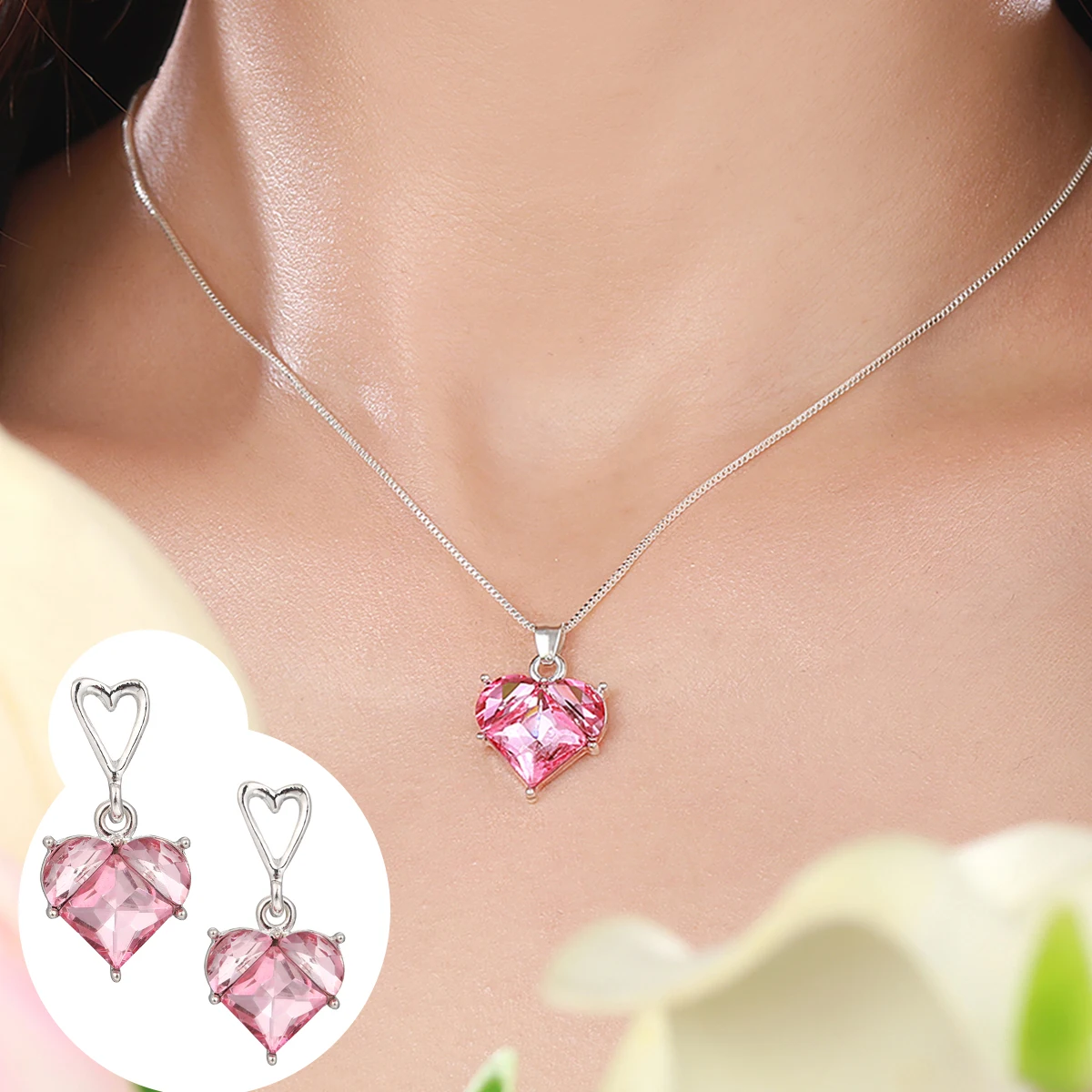 17KM Fashion Pink Heart Necklace Earrings Set for Women Girls Silver Color Y2K Romantic Necklace Earring New Jewelry Accessories