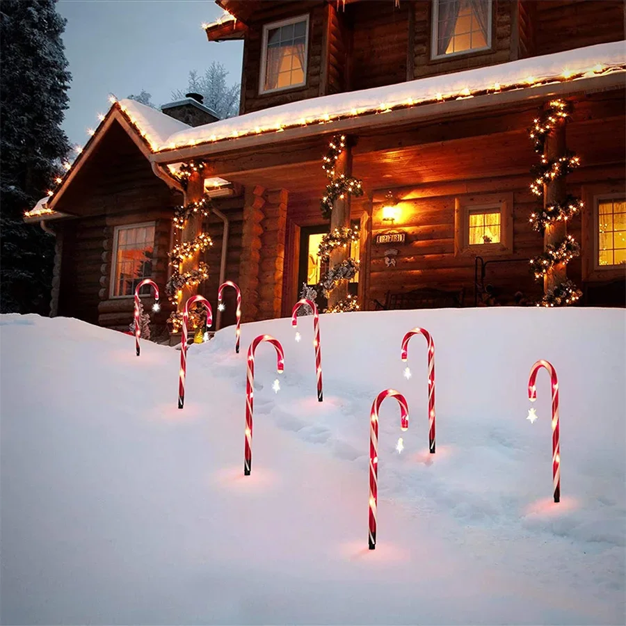 Natal Solar Candy Cane Lights, Star Snowflakes, Papai Noel, Outdoor Pathway Marker Lights for Garden Decor, 8 Packs