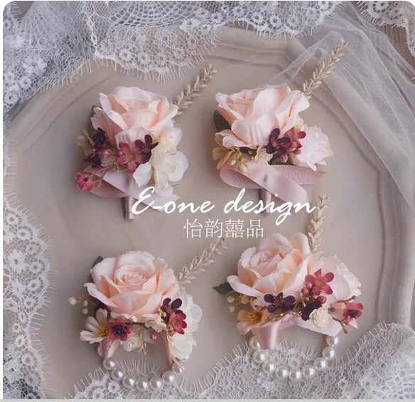 

Champagne rose wedding bride groom bridesmaid groomsman parents wedding corsage wrist flower opening meeting celebration