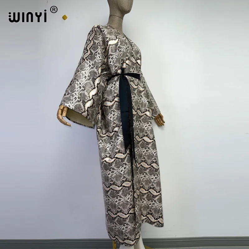 WINYI Africa Winter Women Artificial leather windbreaker Cardigan coat fashion Loose dress with belt longue Thick Warm Kaftan