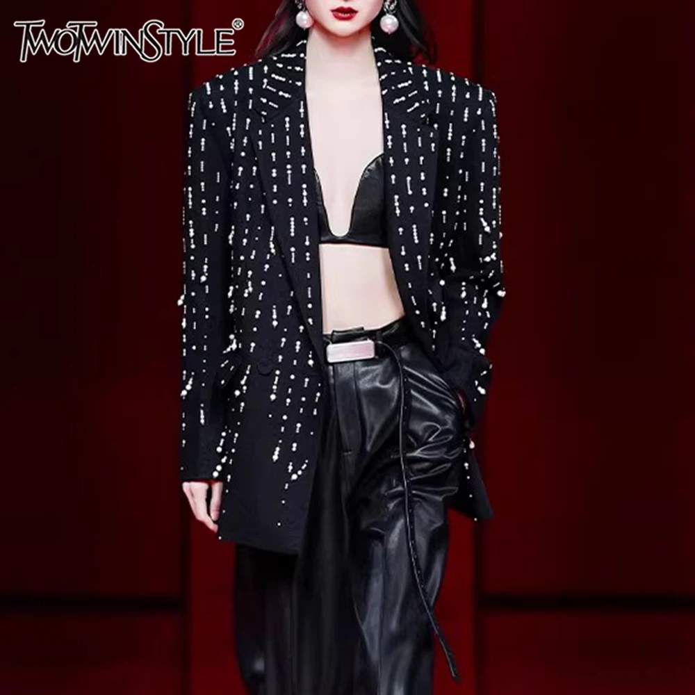 

TWOTWINSTYLE Solid Loose Spliced Bead Fashion Blazers for Women Lapel Long Sleeves Patchwork Buttons Elegant Blazer Female New