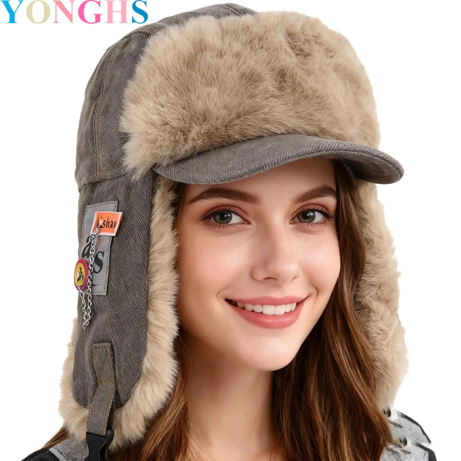

1Pcs Women Men Faux Fur Bomber Hat Warm Hat with Windproof Ear Flaps Thermal Aviator Cap for Outdoor Skiing Hunting
