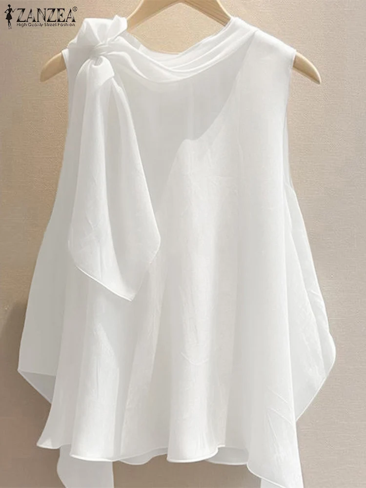 ZANZEA Women T-Shirts Summer Tops 2025 Solid Sleeveless Tees Fashion Asymmetrical Tunic Casual Loose Scarf O Neck Pullovers
