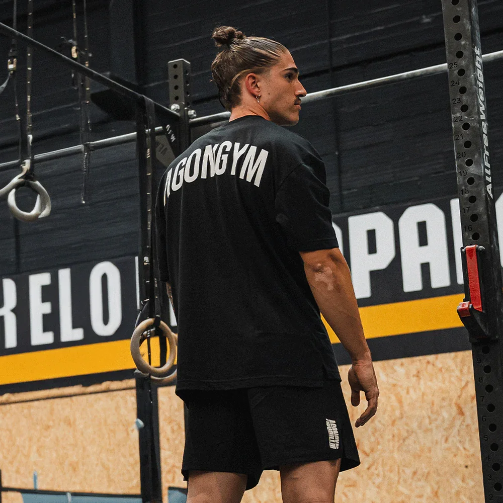 AGONGYM Letter Print Men Oversized T Shirt Breathable Cotton Gym Bodybuilding Workout Tees Loose Street Style Casual Sports Tops