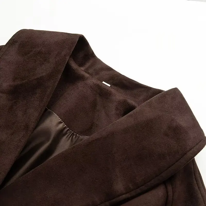 레이스업 가을 여성 스웨이드 재킷 브라운 라펠 칼라 허리 조임 스플라이스 아우터웨어 여성용 슬라우치 스타일 스트리트 여성 코트