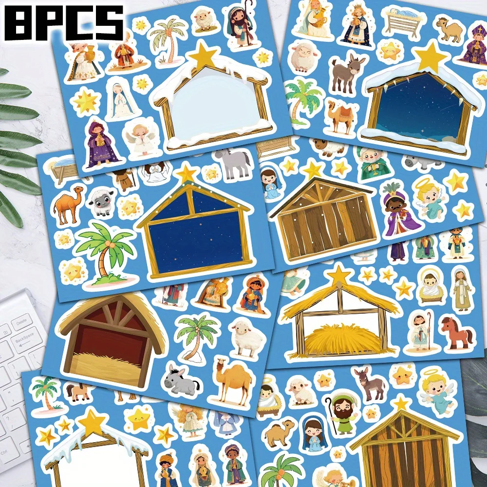 8/16 feuilles dessin animé jésus scène de naissance Religion Graffiti Collage décoration coque de téléphone tasse d'eau Skateboard étanche PVC autocollant