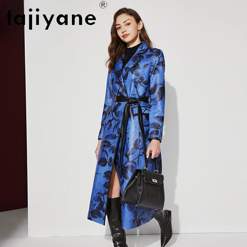 

Tajiyane Brand Top Layer Sheepskin Leather Trench Coat for Women Fashion Printed Long Real Leather Jacket Elegant Belt Outerwear