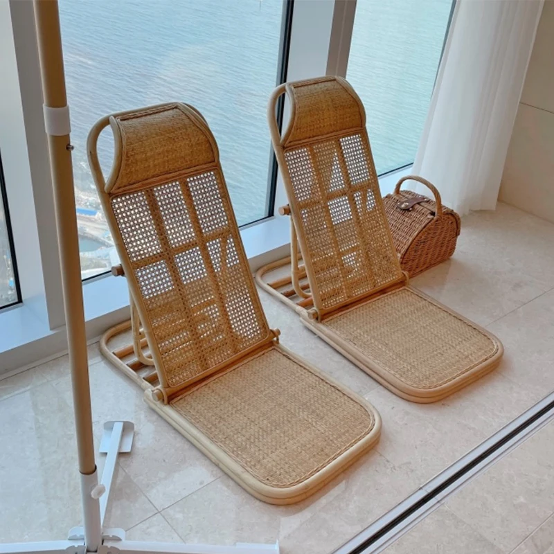 Ins Rattan Weave Beach Chair Foldable Lounge with Adjustable Backrest Portable Tatami Seat for Camping/Balcony Nordic Furniture