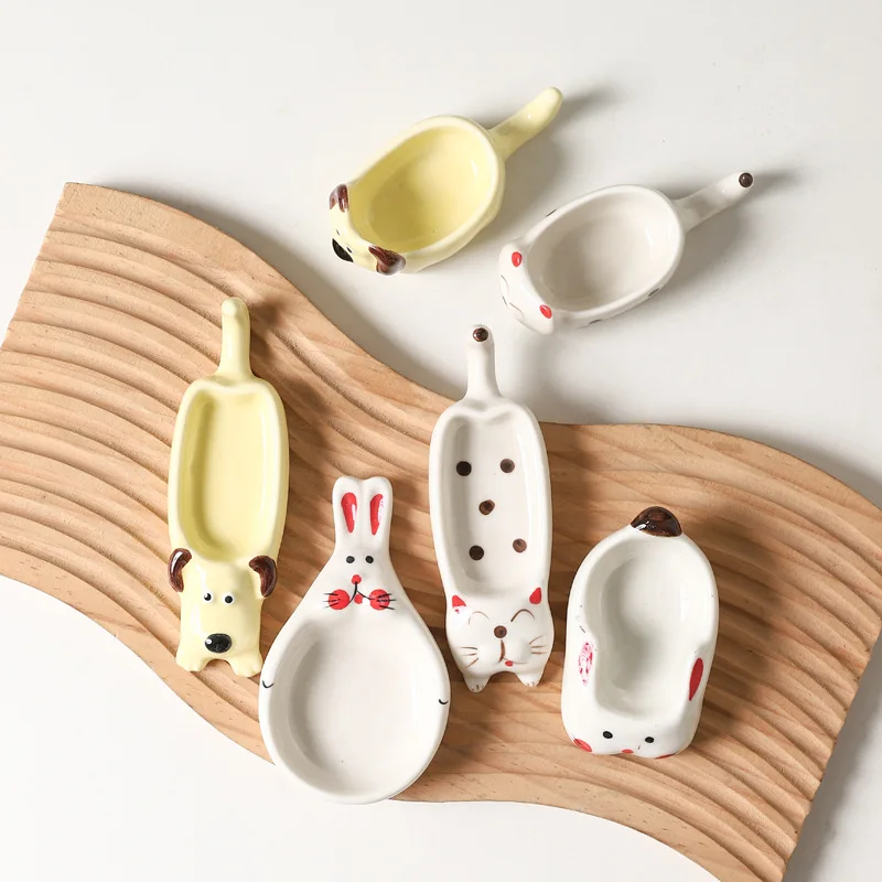 6pcs Set Cartoon Puppy Sauce Dish Household Ceramic Crafts Chopstick Holder Snacks Small Plates Seasoning Dishes Decorative