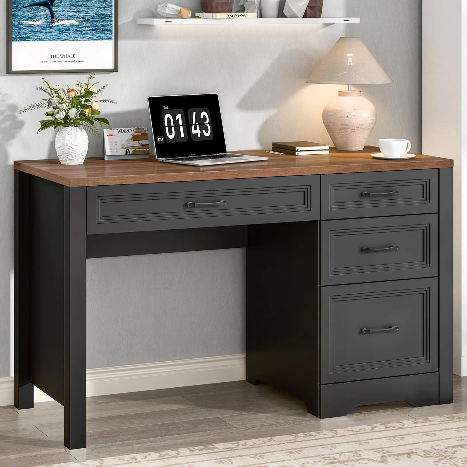 Farmhouse Executive Desk with Storage and Ample File Drawer, Rustic Large Home Writing Desk for Bedroom, White