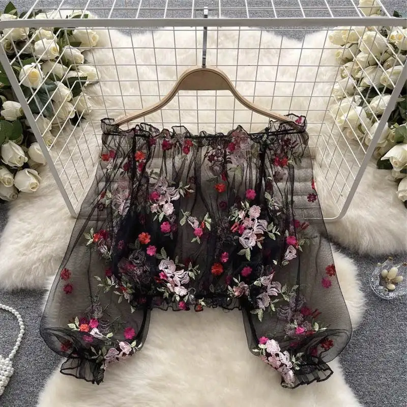 See-through Embroidered Lace Shirt Women Summer Loose Bubble Sleeve Short Cover up Long Sleeve Lace Top One-Shoulder Design