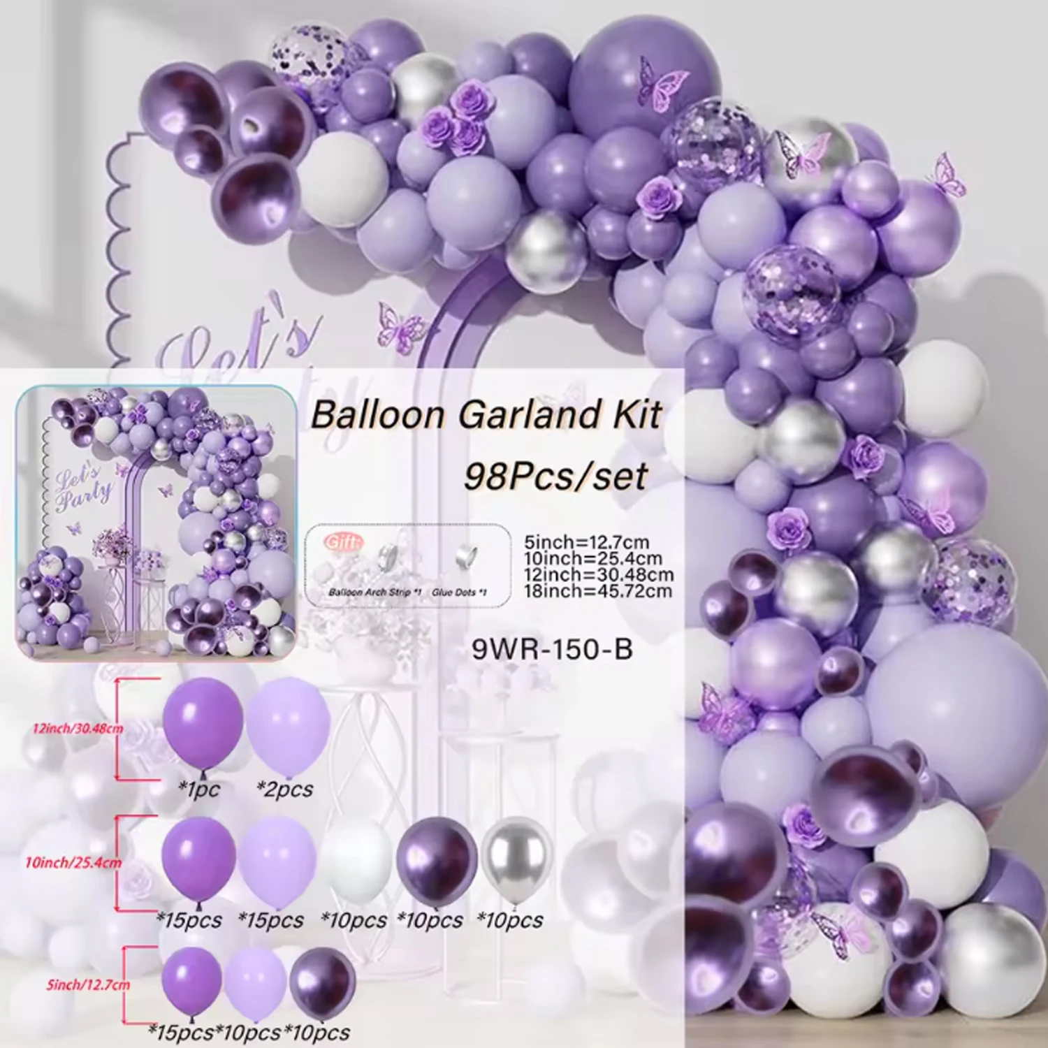 98pcs Metallic Purple Balloon Garland Kit, Metallic Purple Sliver White Balloons for Wedding , Birthday, Anniversary Decoration
