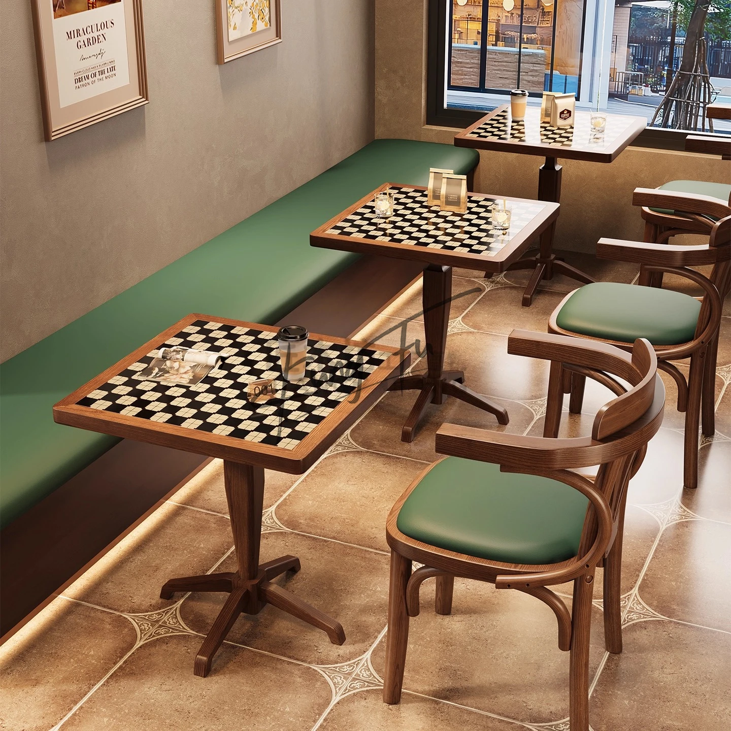 Vintage Cafe Table and Chair Set Solid Wood Milk Tea Shop Dessert Baking Commercial Restaurant