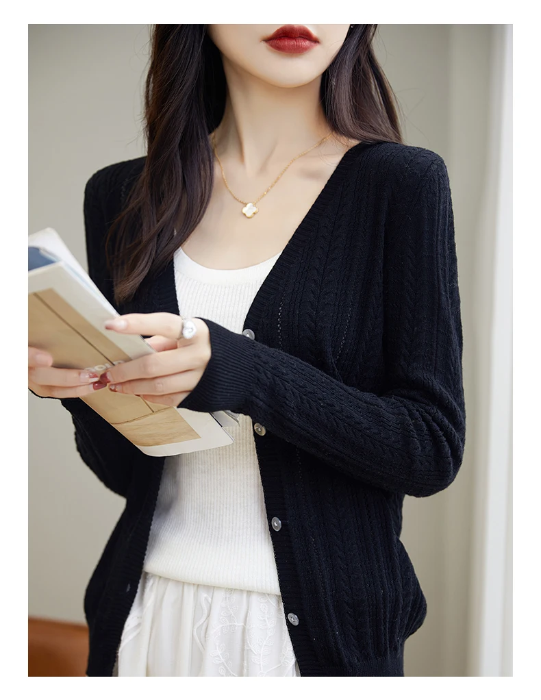 100% Cotton Spring/Summer Hollow v Neck Long Sleeved Sun Proof Air-Conditioned Shirt, Comfortable Fashionable Cardigan