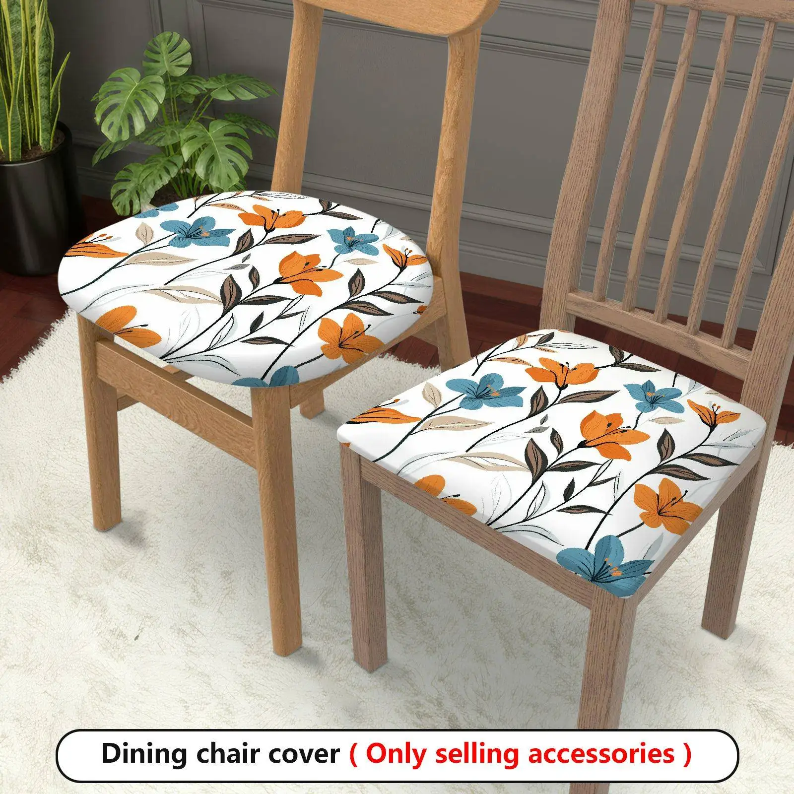 2/4/6pcs Chair Seat Slipcover,Orange Blue Floral Print Elastic Chair Cover for Dining Room